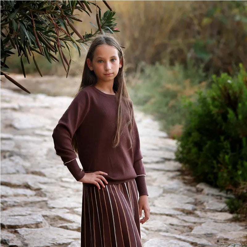 Teen Girls Knitted Set Women Accordion Skirt Winter Brown Outfits with White stripes