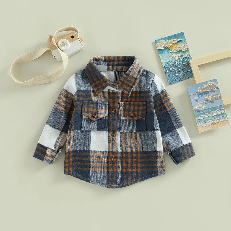 Autumn Kids Baby Boys Girls Plaid Shirt Jacket Casual Lapel Long Sleeve Button Cardigan Jacket Coat Fall Clothes