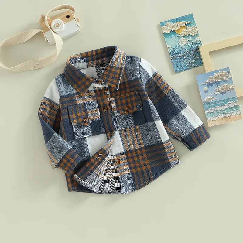 Autumn Kids Baby Boys Girls Plaid Shirt Jacket Casual Lapel Long Sleeve Button Cardigan Jacket Coat Fall Clothes