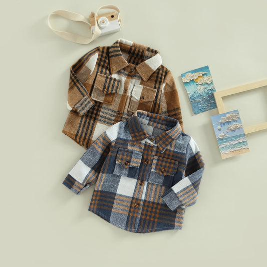 Autumn Kids Baby Boys Girls Plaid Shirt Jacket Casual Lapel Long Sleeve Button Cardigan Jacket Coat Fall Clothes