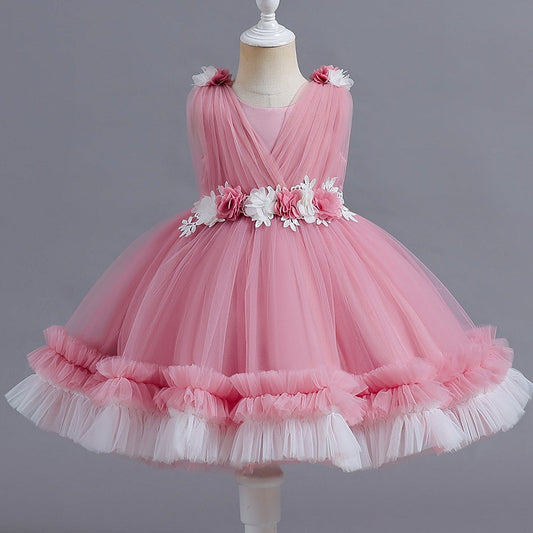 Girl Baby Dress Embroidery Sequin Bow Short Sleeve Puffy Princess Dress 0-5 Years Old Baby Girl Birthday Communion Party Dress